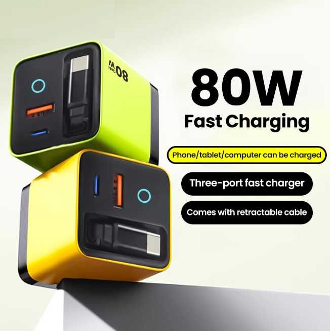 Încărcător USB-C Fast Charge 80W cu cablu telescopic 50cm, portocaliu