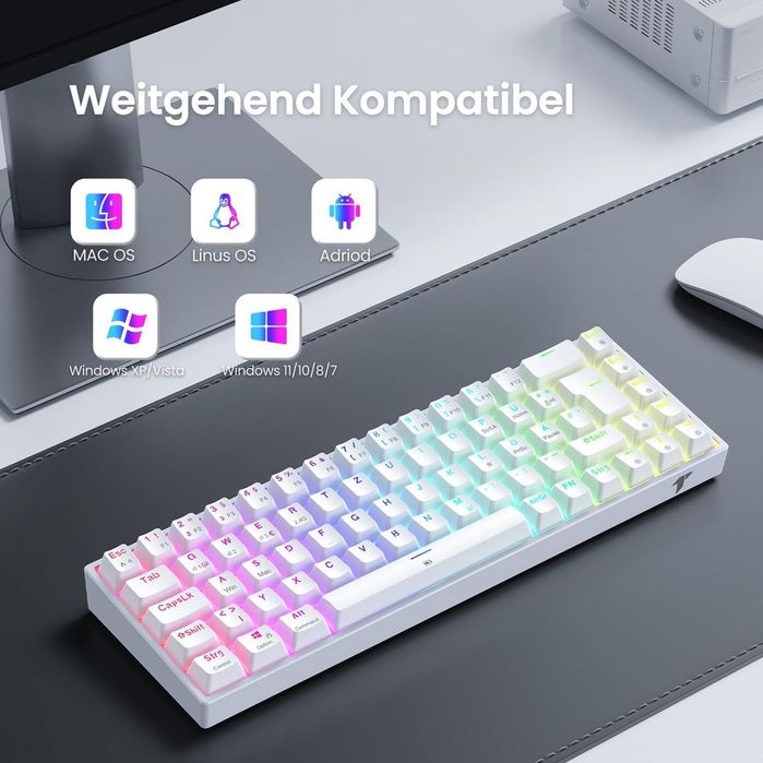 Tastatură mecanică gaming TECURS 65% – RGB, Wireless/Bluetooth/Cablu
