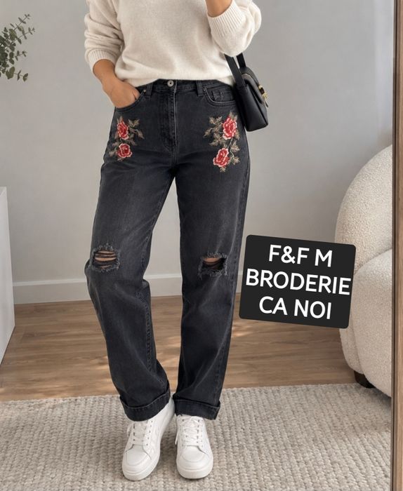 Blugi damă  S M elastici gri închis negri broderie florală rupturi, F&F bumbac casual sexy