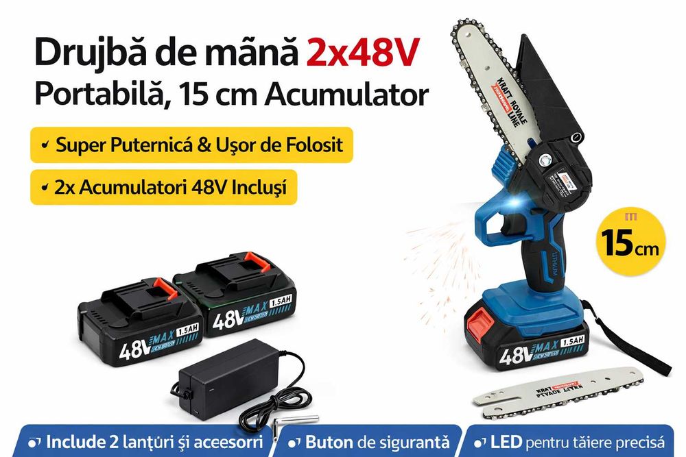 Drujba de mana 2x48V 1.5Ah, lama 15 cm, portabila, usoara