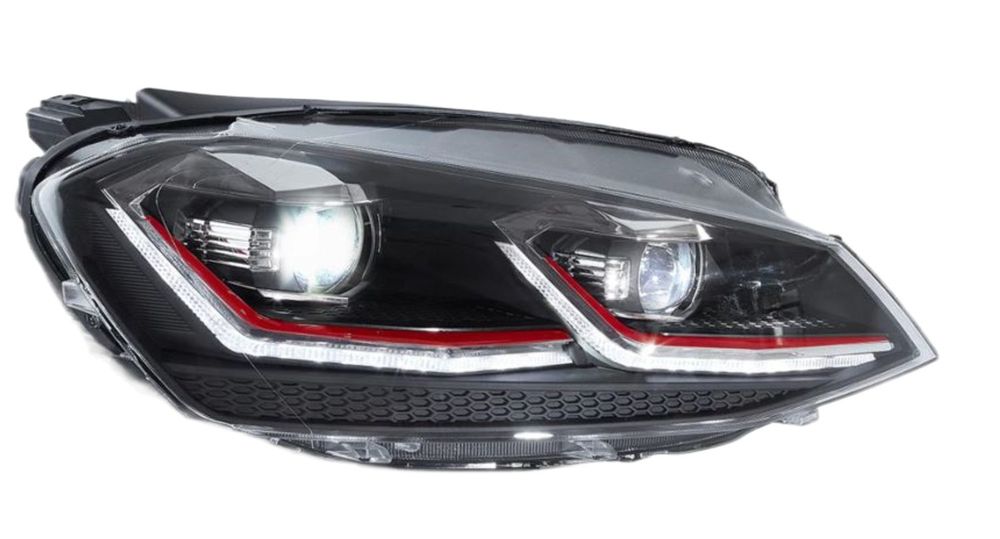 Set faruri VW Golf 7 (5k), 2017-, montare fata, stanga+dreapta, indicator dinamic; D2H+LED; manual; rama rosie; fara becuri; Tuning; halogen, doar pt far halogen