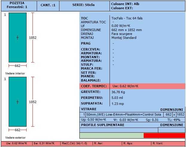 Geam tripan 50 mm Low-E + Control Solar, 662 × 1852 mm, pentru toc de 64 mm