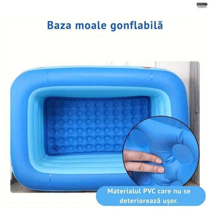 Piscina Gonflabila pentru copii, Multicolora, Dreptunghiulara, Baza moale si doua inele gonflabile, Dimensiuni 115 x 82 x 33 cm, Vinil rezistent