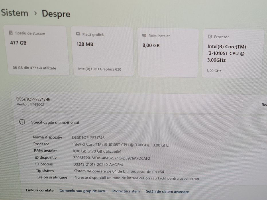 Mini PC Acer Veriton i3 10105T, 8 GB RAM, ssd 512 GB