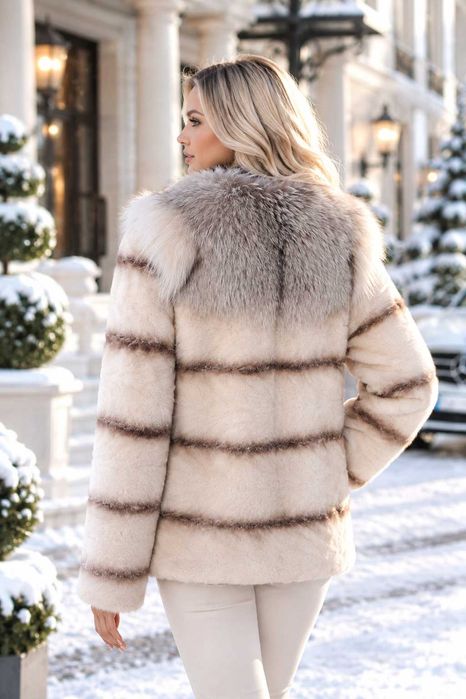Haină de blană naturală de nurcă / vizon Copenhagen Fur, guler vulpe argintie, S-M