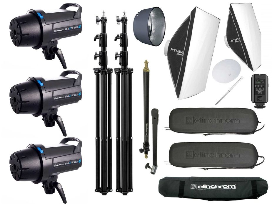 Kit studio foto - 3x Elinchrom D-Lite RX4 - 3 blitzuri 400w, softboxuri, umbrele, stative, trigger, huse