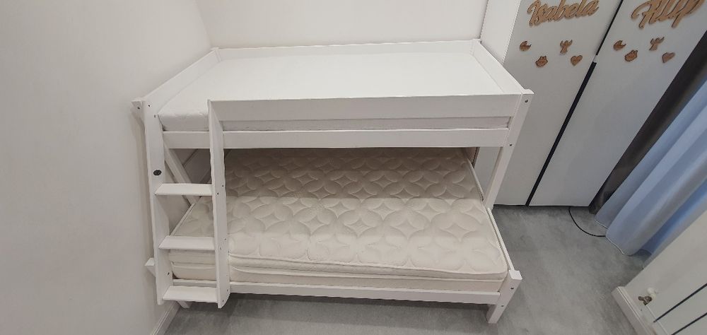 Pat etajat copii,Lemn masiv 90/140 x 200 cm ALB