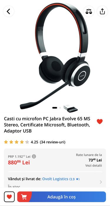 Casti cu Microfon PC Jabra Evolve 65 MS Stereo , Bluetooth ,USB