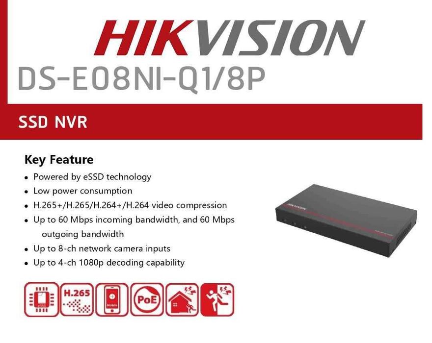NVR PoE cu SSD 1 TB inclus, 8 porturi POE Hikvision 4MP DS-E08NI-Q1/8P nou sigilat