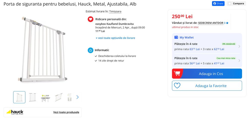 Babygate Hauck poarta de siguranta cu oprire 75-80 cm caini si copii