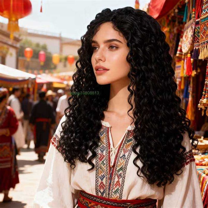 Черна афро къдрава перука с дантелена зона 13×4 - синтетична, 65 см