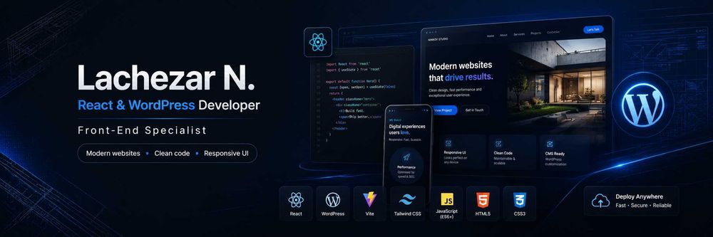 Изработка на бързи и модерни сайтове (React, WordPress, Vite, Tailwind CSS) от Frontend Developer