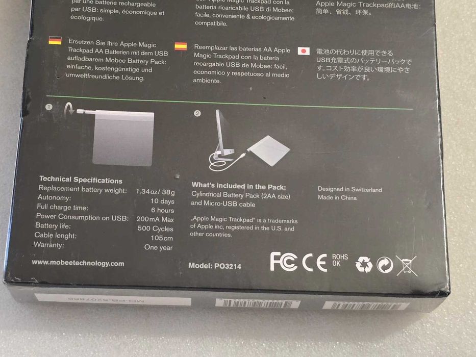Baterie externa reincarcabila USB Mobee The Power Bar pentru Apple Magic Trackpad, Aluminiu
