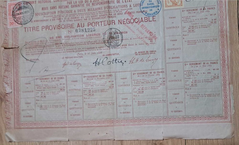 Obligațiune Istorică Canalul Panama (Anul 1888) – Piesă de Colecție / Scripofilie