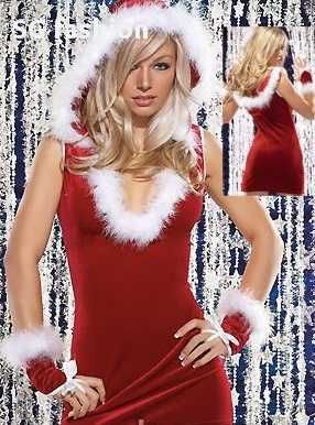 Коледна червена къса секси рокличка с качулка, къси ръкавици с пухче