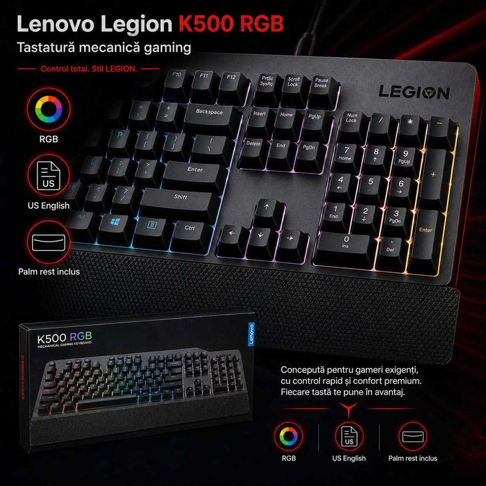 Tastatură Lenovo Legion K500 RGB - Mecanică, nouă, completă, gata de gaming