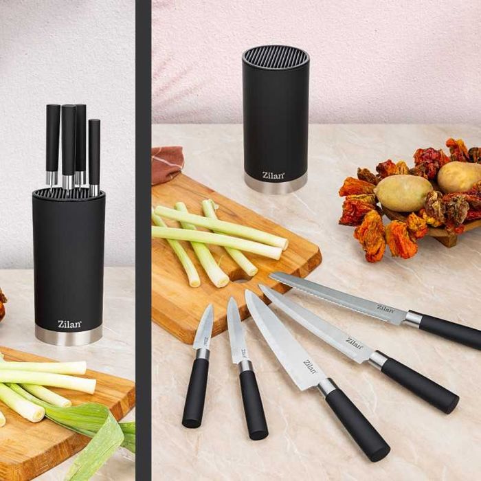 Комплект от 5 кухненски ножа от неръждаема стомана с поставка, Zilan