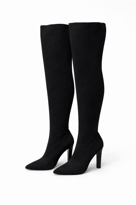 Черни дълги боти ластични с тънък ток