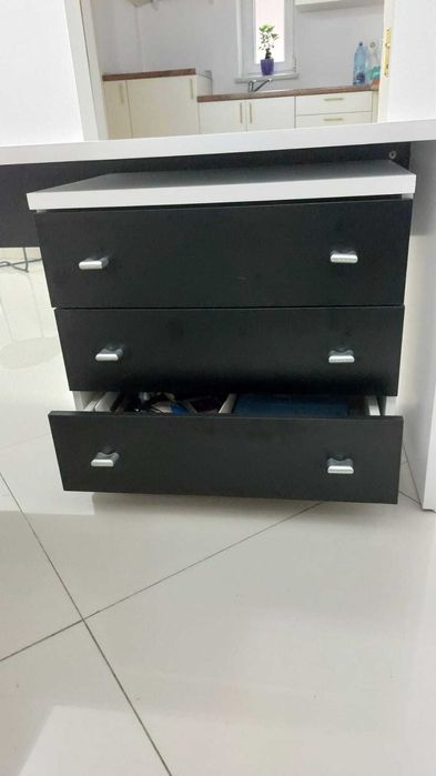 Birou alb de colt cu comoda 3 sertare