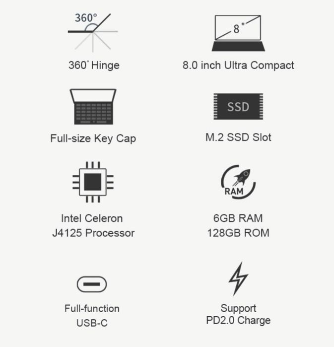 MiniBook Chuwi 8. Windows 11, 6/128,sensor, 360