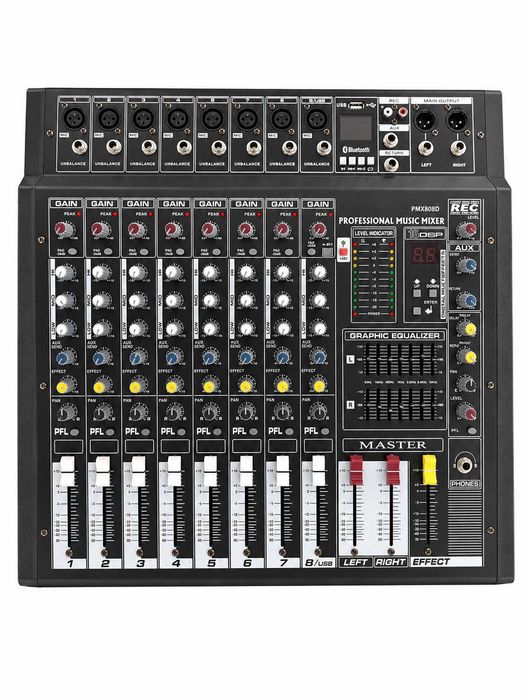 Mixer audio activ 2 x 500W 8 canale Amplificat 16 efecte digitale DSP USB Bluetooth MP3 Egalizator