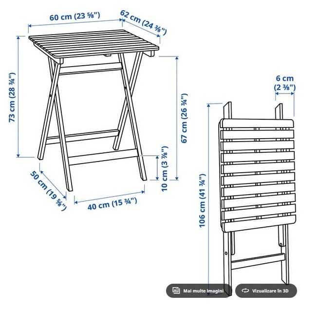 Set masa + scaun - interior sau exterior - IKEA - pliabile - lemn