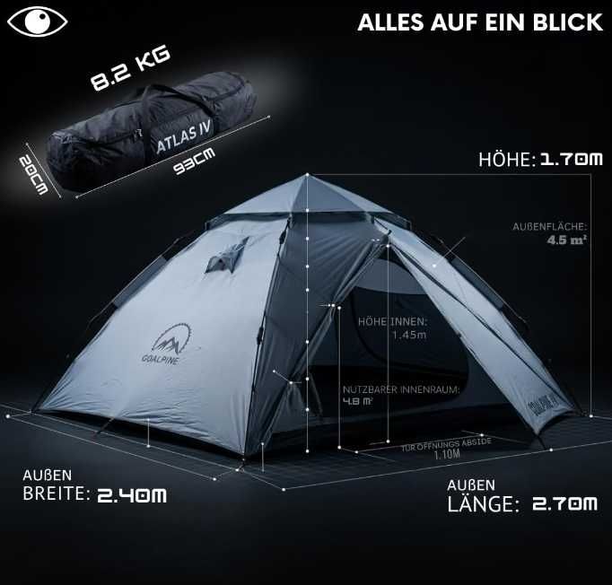 GOALPINE Atlas IV Pop-Up Палатка за 2-4 Човека - 100% Водоустойчива