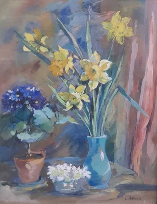 Tablou vechi - natura statica cu narcise - semnat C. Artachino