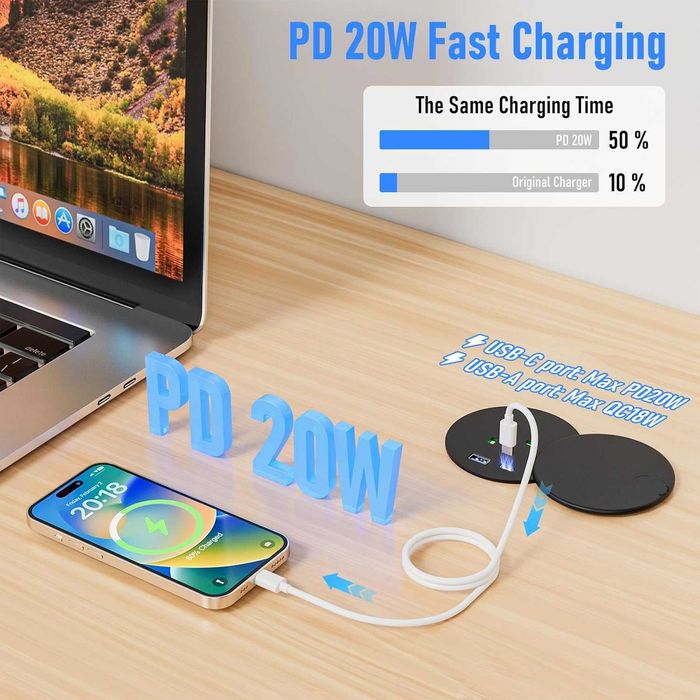 Вграден настолен контакт с капак, USB-C PD 20W,USB-A и USB-C,2 м кабел
