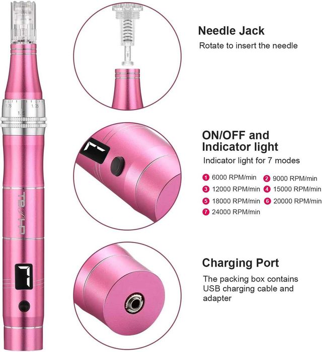 Derma Pen Electric Profesional TBPHP M1 LCD 7 Viteze 12 Ace Roz