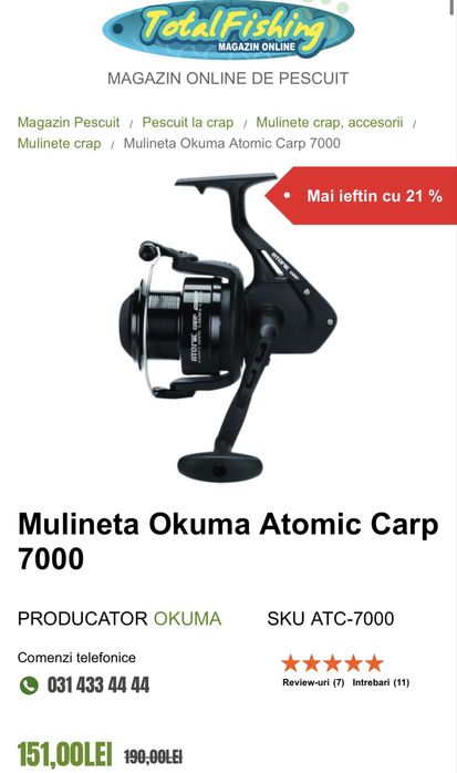 MDM vinde: Mulineta Okuma Atomic Carp 7000.