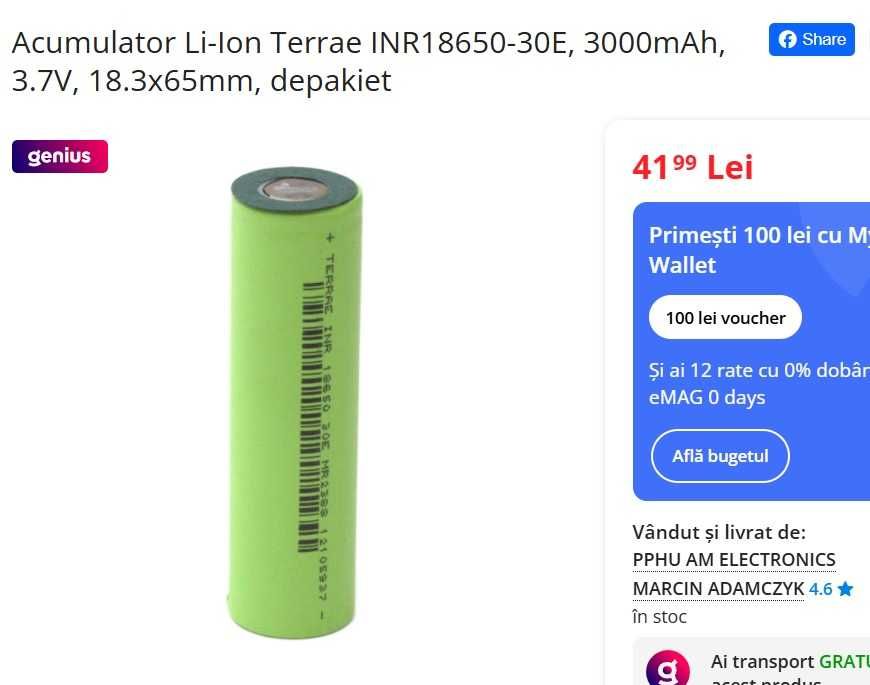 Acumulator GERMANIA NOU Li-Ion TerraE 18650 3100mAh similar LG Samsung