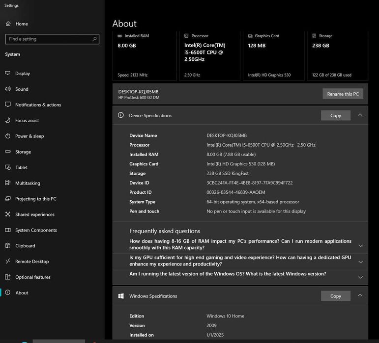 HP ProDesk 600 G2 Desktop Mini PC, Intel I5, 8gb DDR4, 256gb SSD
