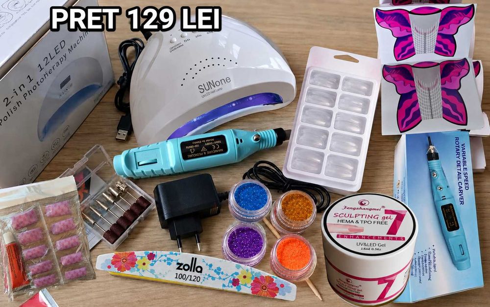 Set Unghii Lampa Freza Tipsuri gel constructie