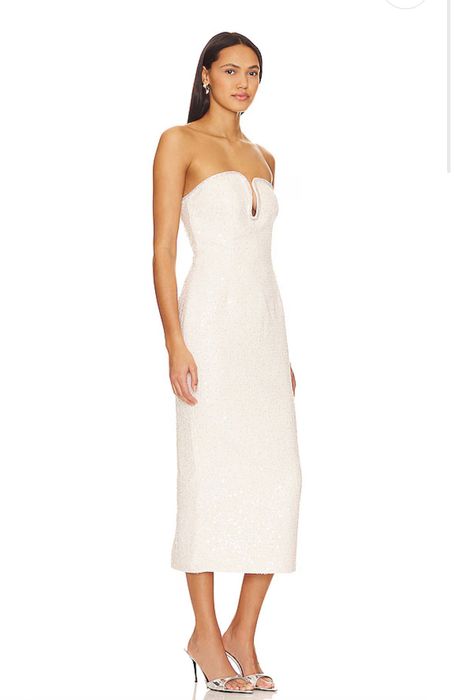 Self-Portrait Кремава рокля без презрамки с пайети и букле текстура