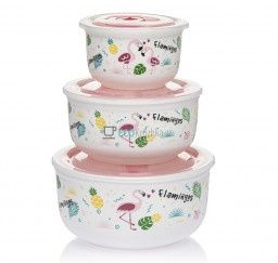 Комплект от 3 порцеланови купи за съхранение на храна с вакуумни силик