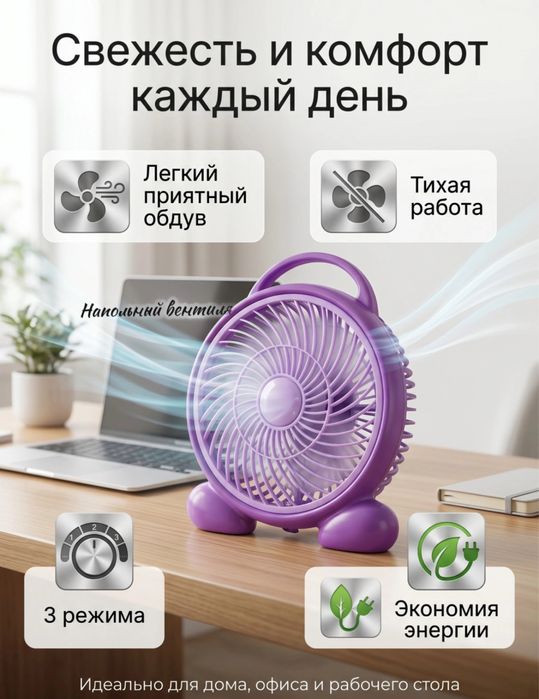 Настольный вентилятор, экономия энергии, тихая работа, 3 режима обдува