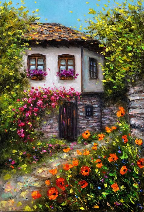 Картина, Принт върху хромирана хартия, Селска къща, Пейзаж, Цветя