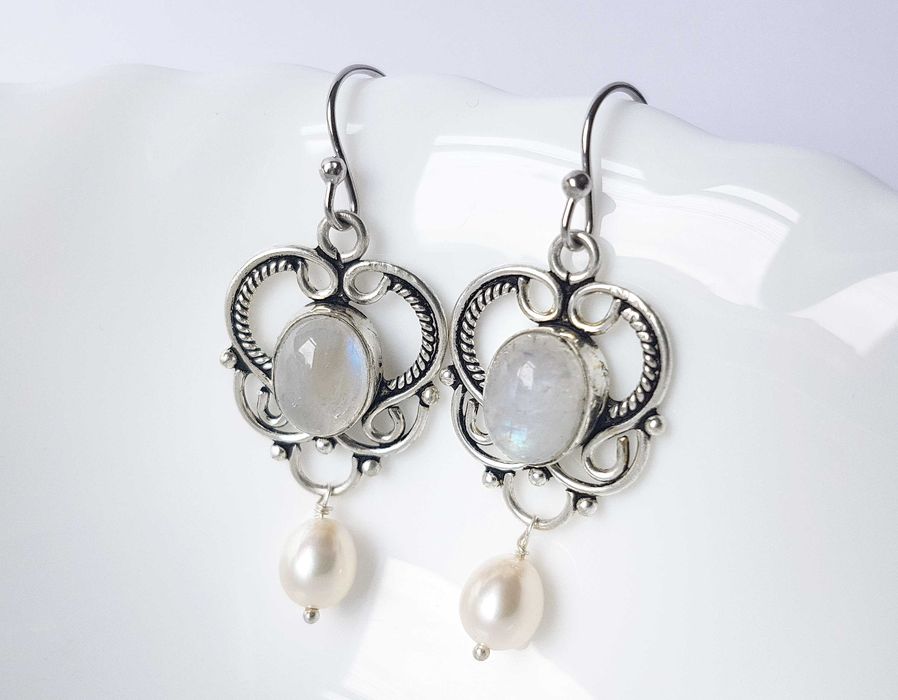 Cercei argint cu piatra lunii si perle naturale cercei mireasa