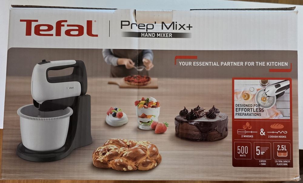Mixer cu bol Tefal Prep'Mix+ HT464138, 500W, bol 2.5L auto-rotativ, 5 trepte viteza si functie turbo, 2 teluri inox, 2 carlige inox, alb