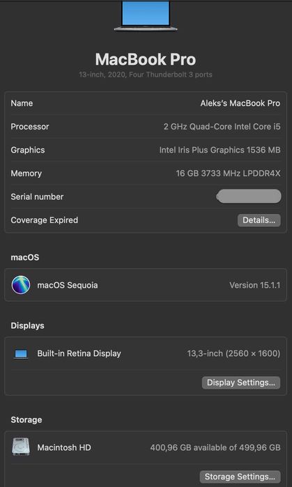 Macbook Pro 13' 2020 w/ touchbar , 16 GB, 512 GB SSD, Retina