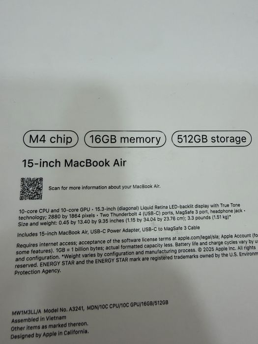 Apple Macbook Air 15 inch M4 chip 16/512Gb “Midnight” A3241