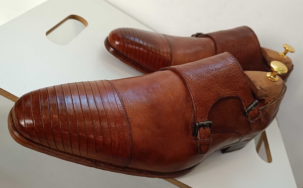 Pantofi monk 44 44.5 de lux GREVE NOI lucrati manual piele embosata