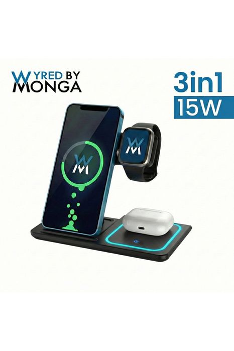 Statie Incarcare Wireless 3-in-1 Pliabila Wyred by Monga Qi 15W Negru