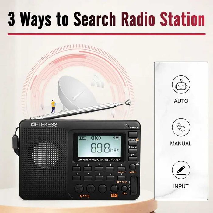 Портативно радио Retekess V115 AM/FM транзистор, MP3 и TF карта