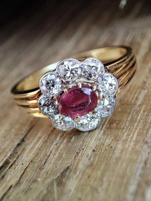 Inel Aur 14K Cu Rubin Si Diamante Old Euro Cut