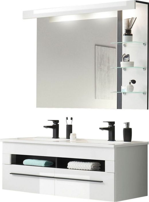 Set mobilier baie Panarea, 120 cm, lavoar dublu, oglindă cu raft