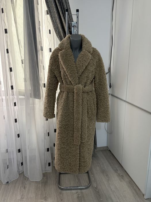 ZARA palton lung Teddy / faux shearling cu cordon – NOU cu etichetă – S