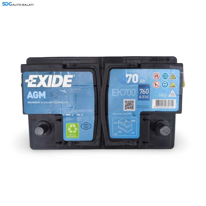 Baterie Acumulator Auto 70AH 760A Start Stop AGM EXIDE EK700 Volkswagen Audi Seat Skoda Ford Opel Toyota BMW Mercedes Renault Peugeot Dacia [LS1352]