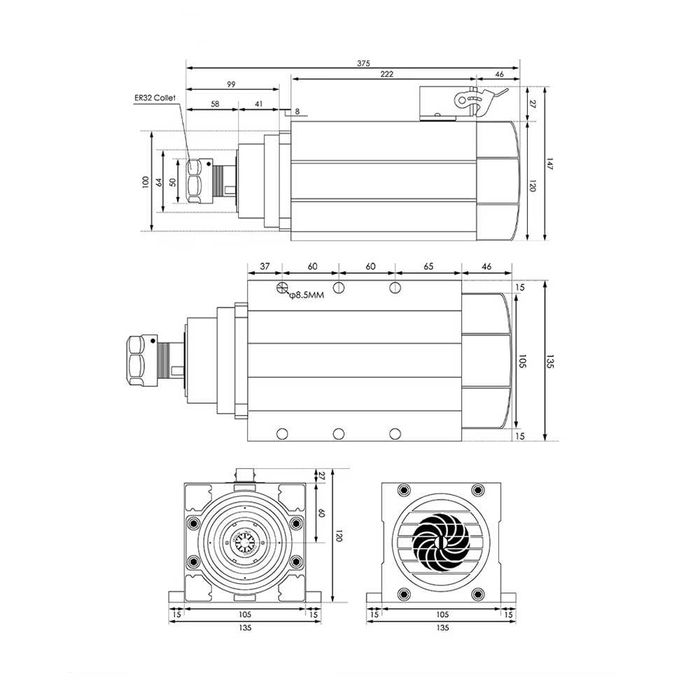 Motor Frezare CNC Patrat, Putere 6KW, 18.000RPM, 380V, ER32